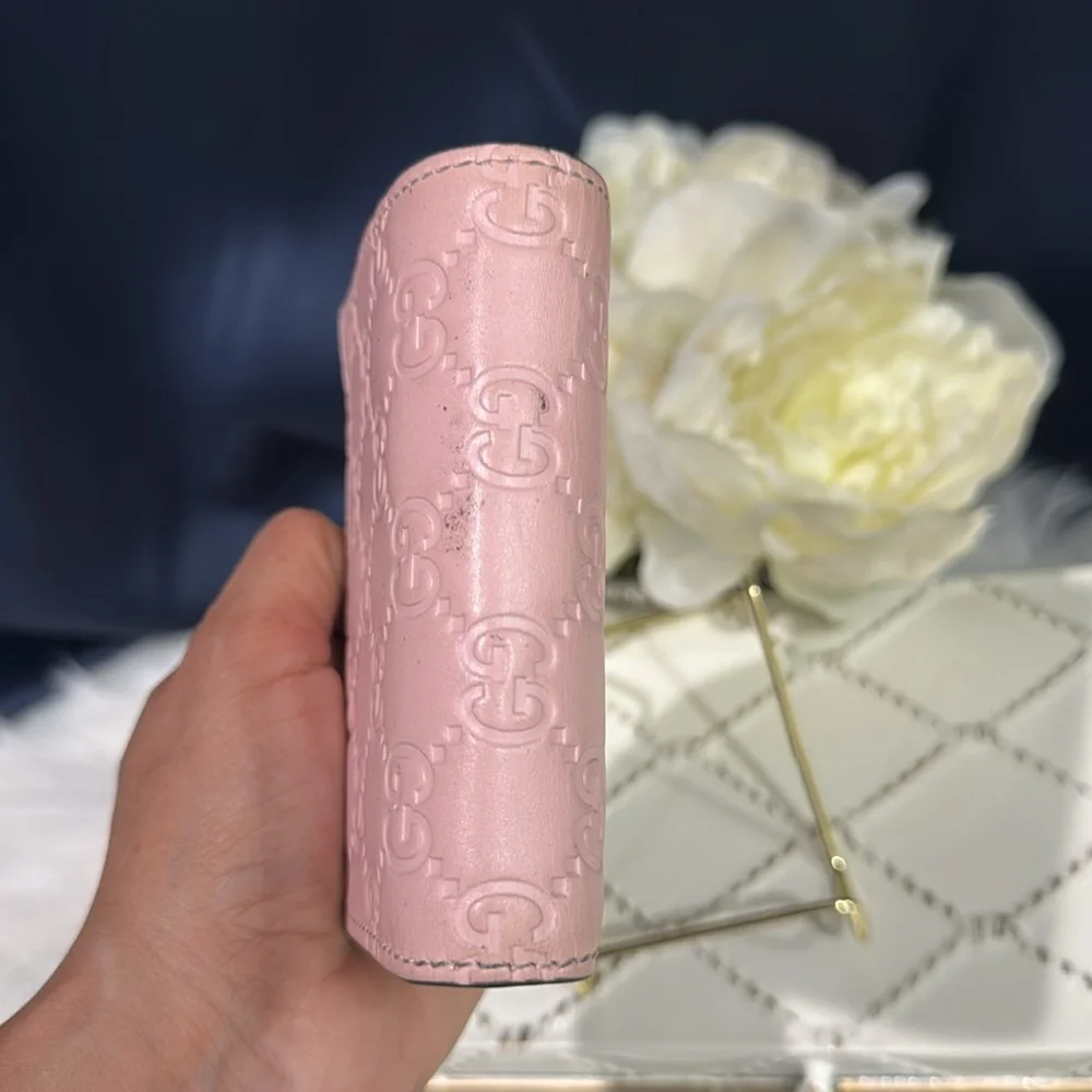 💖GUCCI Guccissima Signature Crystal Cat Card Case Wallet Light Candy Pink